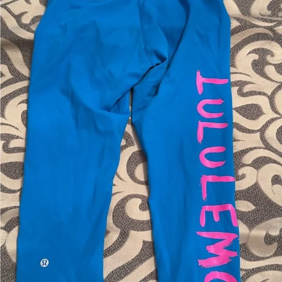 lululemon athletica Blue Leggings with Pink Logo - Picture 1 of 2